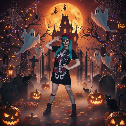 Halloween Costume Skull Print Dress For Women