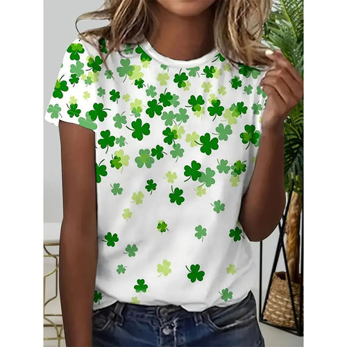 Women's Stylish Shamrock Pattern Crew Neck Tee - Breathable Summer Casual Top