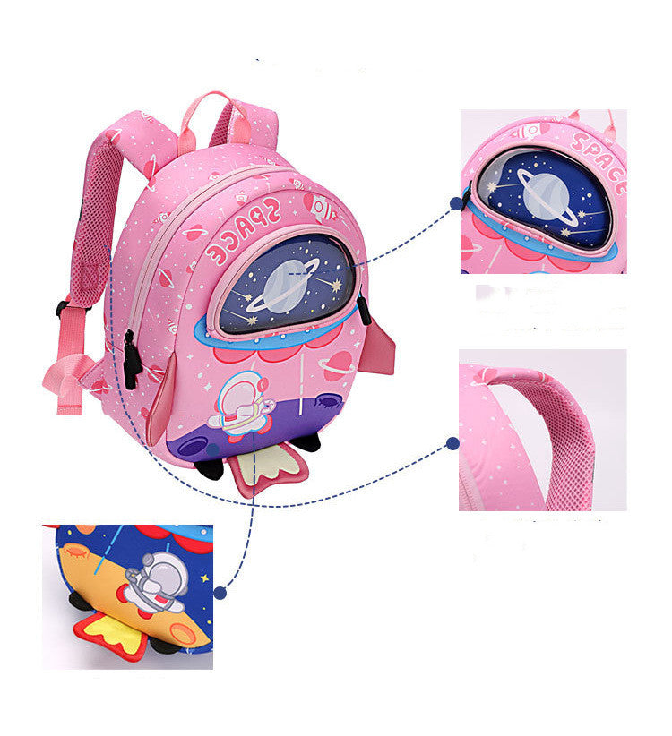 Pink kids astronaut backpack with front zipper pocket and adjustable shoulder straps