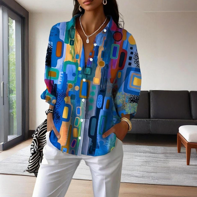 Printed long-sleeve button-up shirt with lapel collar, blue multicolor city-block pattern