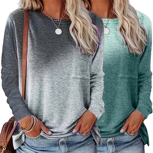 Women's 2Pack Tops Casual Gradient Color Round Neck Long Sleeve T Shirt Blouse