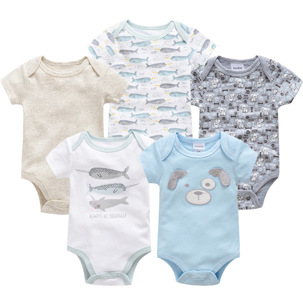 Five-pack newborn bodysuits: cream whale print, white whale graphic, light blue bear face, beige solid, gray animal
