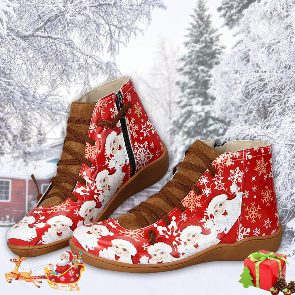 Christmas Ankle Women Santa Claus Snowflake Print Flats Shoes Casual Slip-on Side Zipper Design Short Boot
