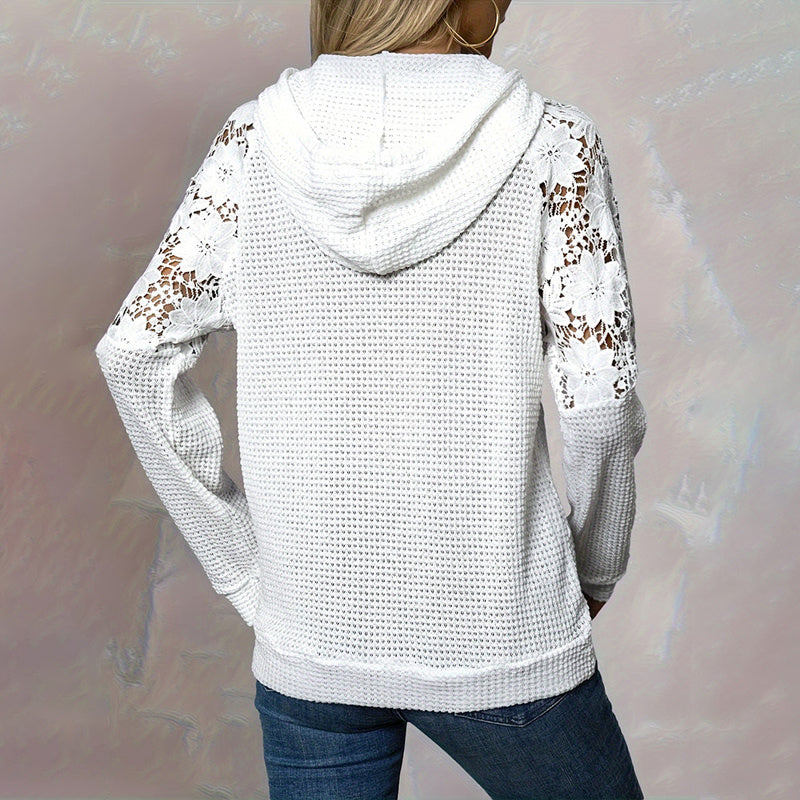 Women's Solid Color Casual Sweatshirt With Lace-Trimmed Sheer Sleeves & Large Lace Pockets, Pullover Hoodie
