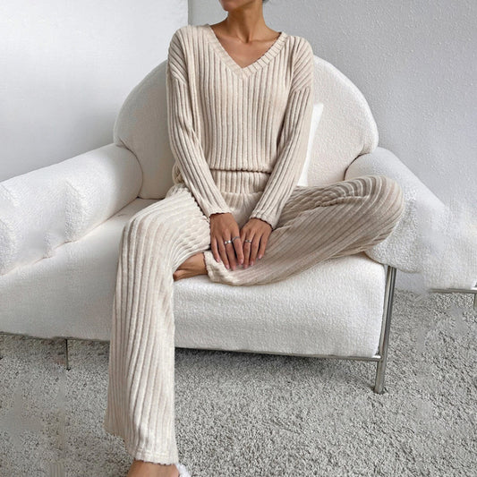 Women's 2-Piece Set Solid Color V-Neck Long Sleeve Top & Straight Leg Pants, Ribbed Texture Outfit