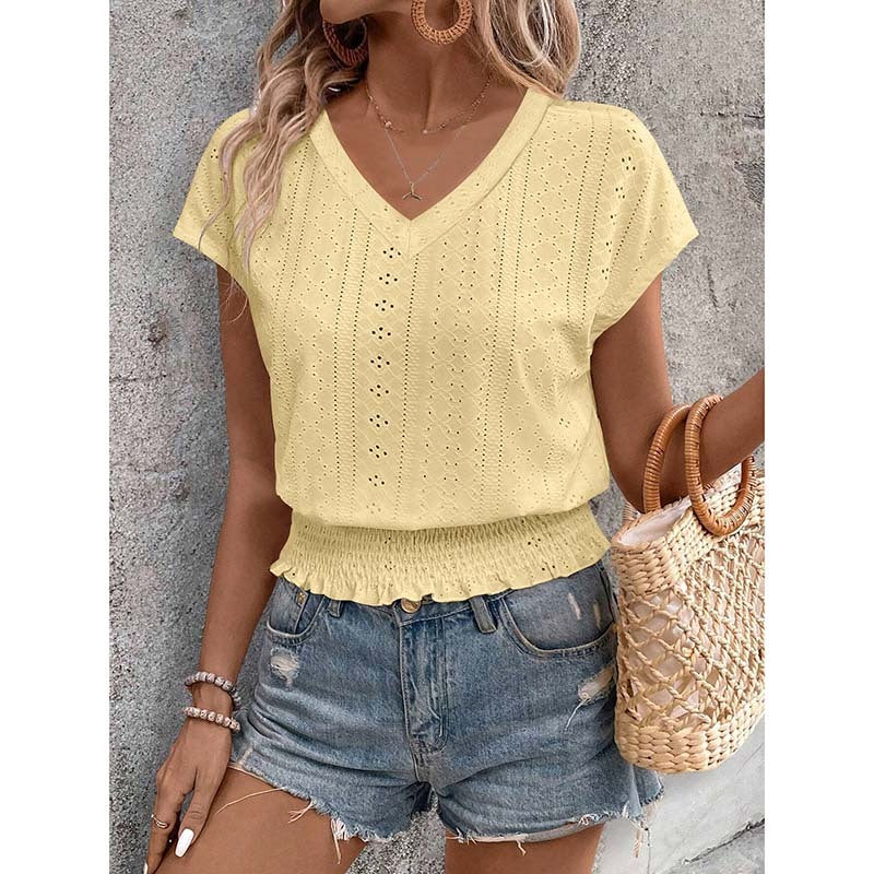 Women Summer Eyelet Top Casual V Neck Short Sleeve Smocked Shirts Loose Tunic Tops Blouses
