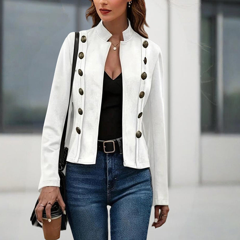 White women's double-breasted stand collar jacket, long sleeves, gold button trim
