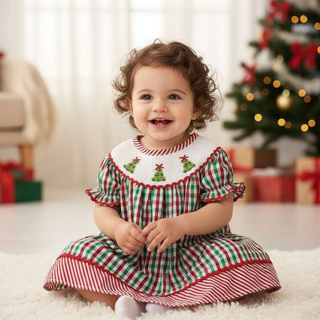 Toddler Infant Baby Girls Short Sleeve Christmas Tree Embroidered Plaid Casual Party Dresses