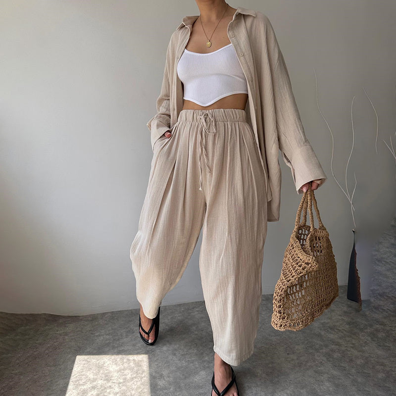 Women's Solid Color Lapel Collar Long Sleeve Shirt & High-Waist Pants Set - Casual Loose Fit