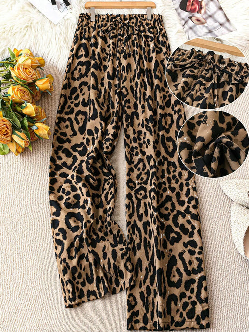 Women's Leopard Print Wide-Leg Pants - Summer Casual Vacation Style Elastic Waist Long Trousers