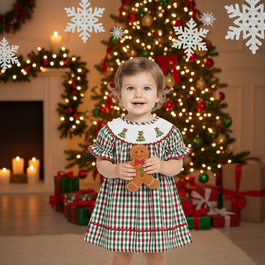 Toddler Infant Baby Girls Short Sleeve Christmas Tree Embroidered Plaid Casual Party Dresses