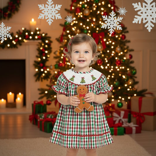 Toddler Infant Baby Girls Short Sleeve Christmas Tree Embroidered Plaid Casual Party Dresses