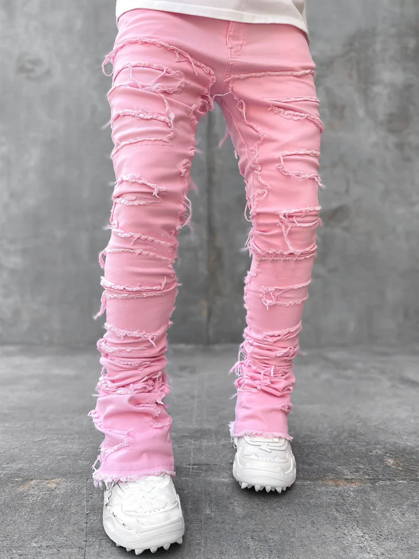 Trousers Individual Patched Pants Long Tight Fit Stacked Jeans For Men