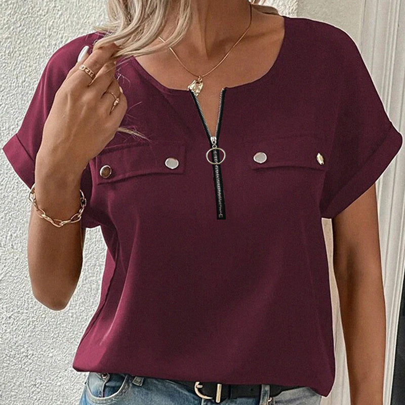 V-neck zipper blouse in dark wine, short sleeves, front half zipper and chest buttons