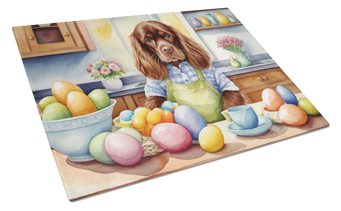 Decorating Easter Sussex Spaniel Glass Cutting Board