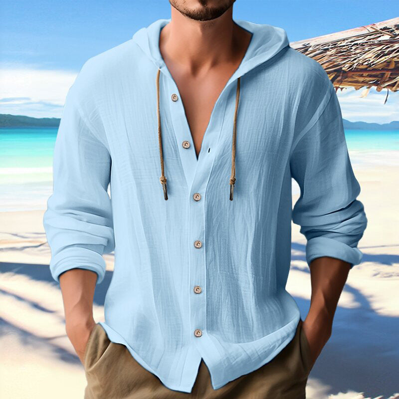 Hooded button-front long sleeve cotton-linen shirt in light blue with drawstring ties