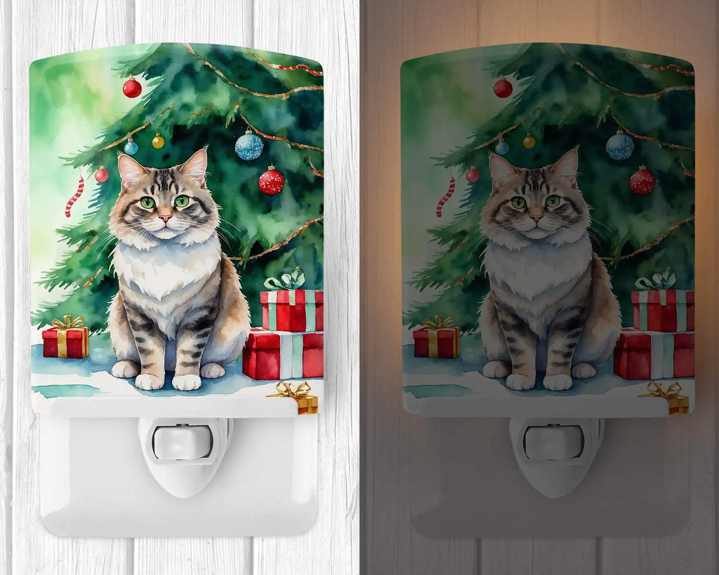 Kurilian Bobtail Cat By the Christmas Tree Ceramic Night Light