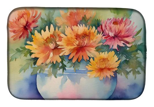 Chrysanthemums in Watercolor Dish Drying Mat