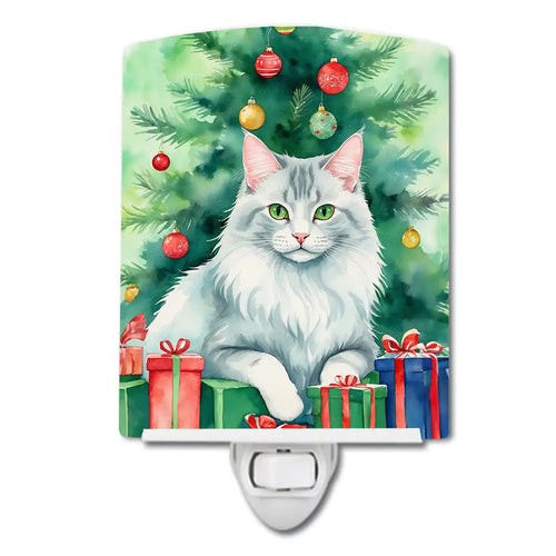 Turkish Angora Cat By the Christmas Tree Ceramic Night Light