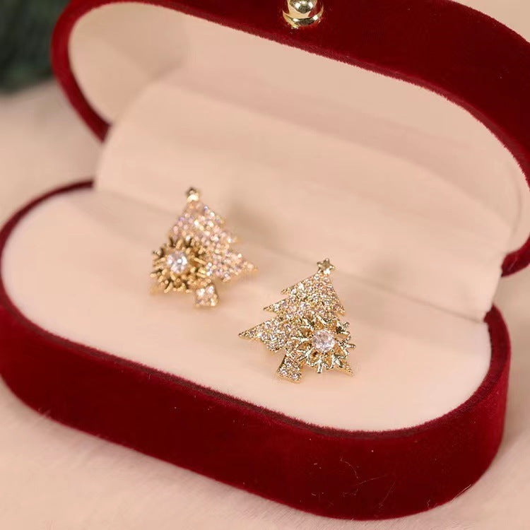 Rotatable Christmas Tree Shiny Rhinestone Snowflake Stud Earring Jewelry Gifts