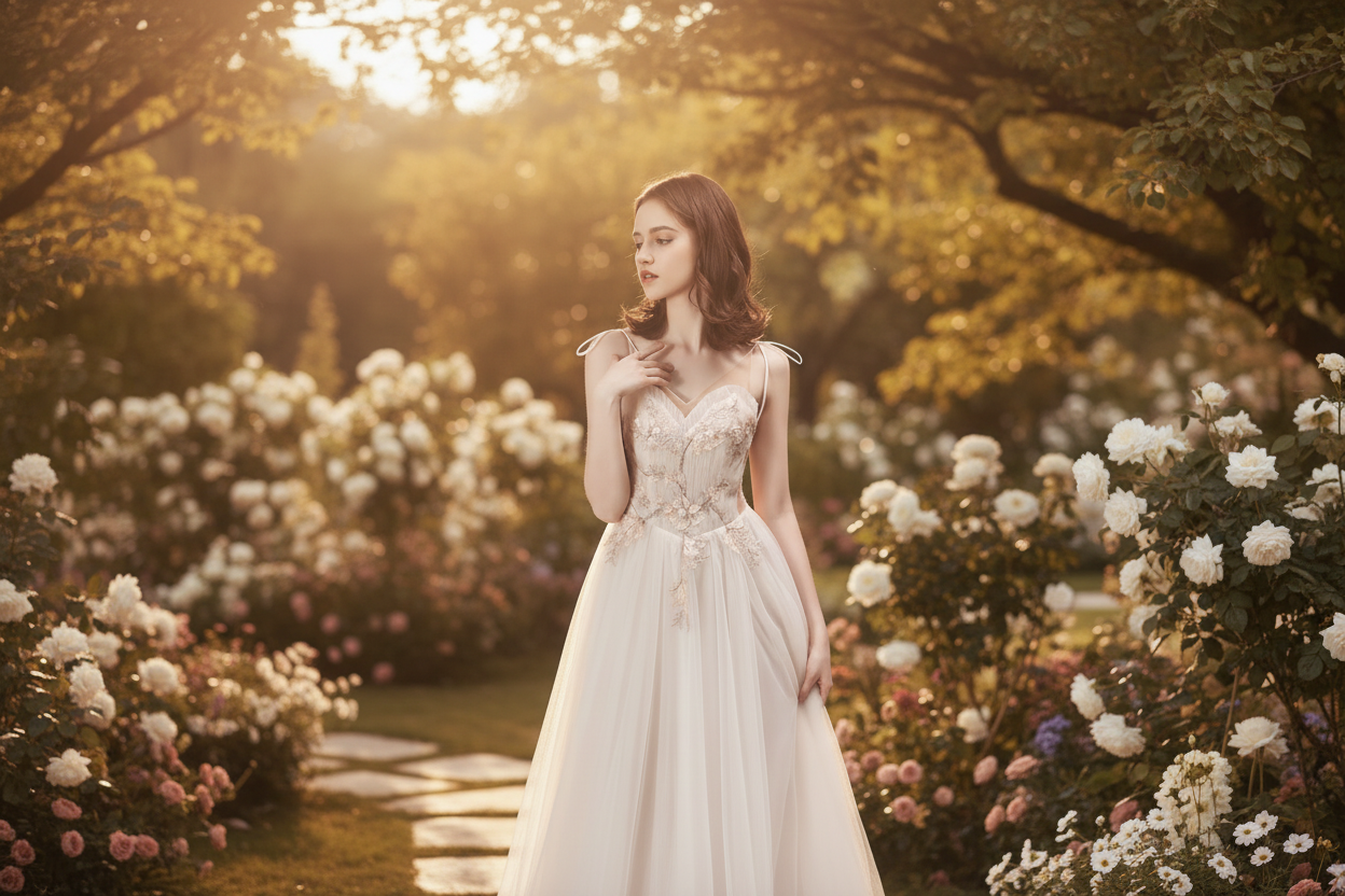 White lace bridesmaid dress with V-neck, spaghetti straps, and flowing tulle skirt