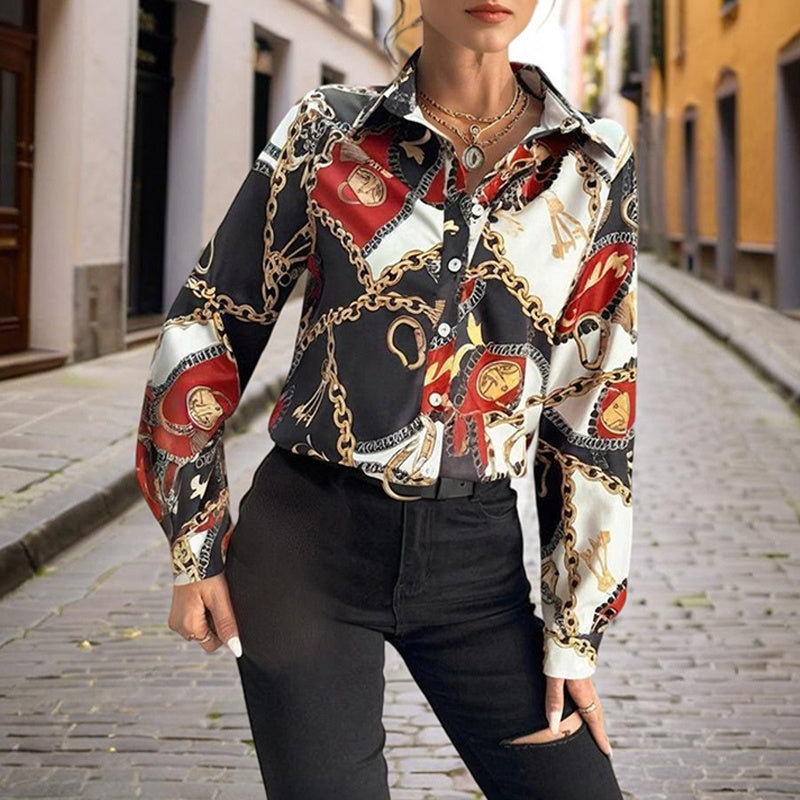 Women's Lapel Long Sleeve Shirt - Fitted Cut Intricate Print Button-Up Design Casual Wear