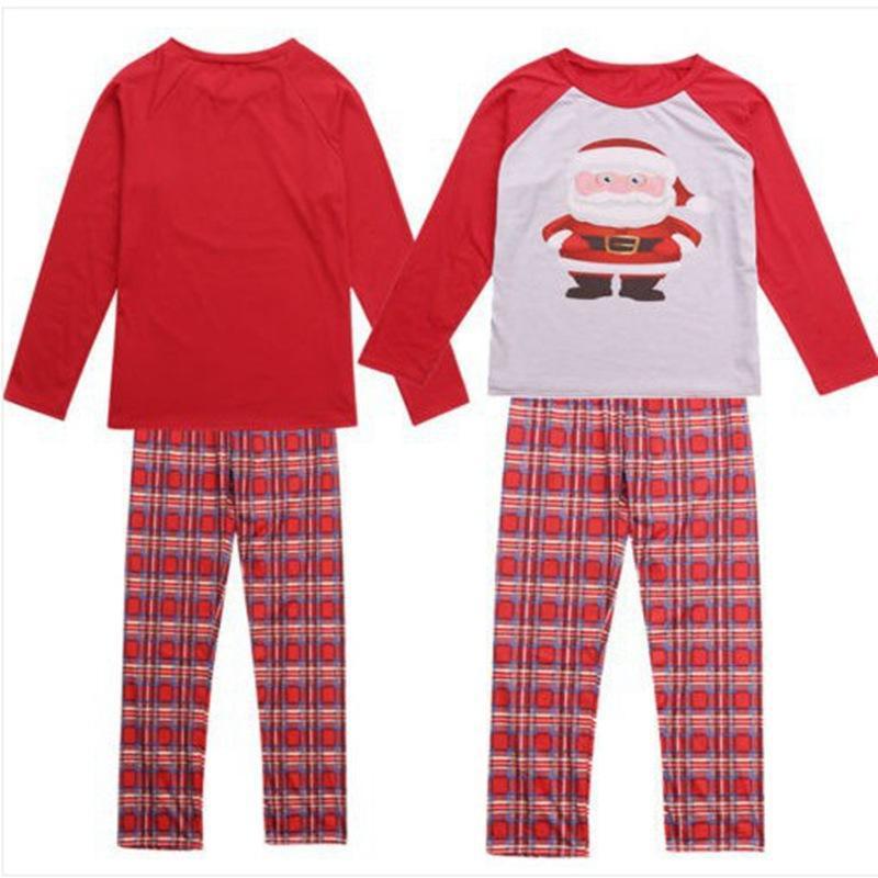 Matching pajama set pair: red raglan Santa tops with red plaid pants, long sleeves