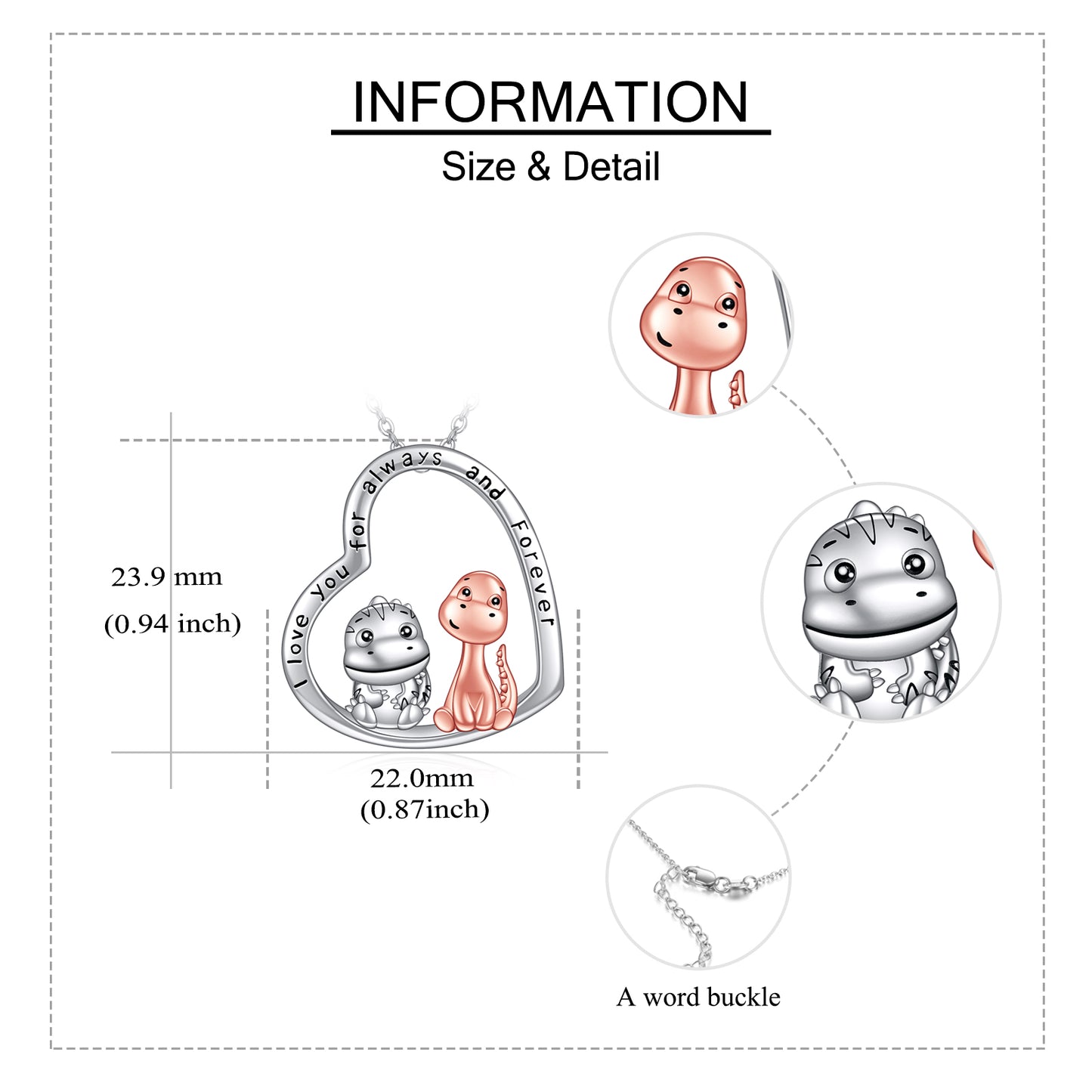 Necklace 925 Sterling Silver Cute Dinosaur Pendant Jewelry, I Love You Always and Forever