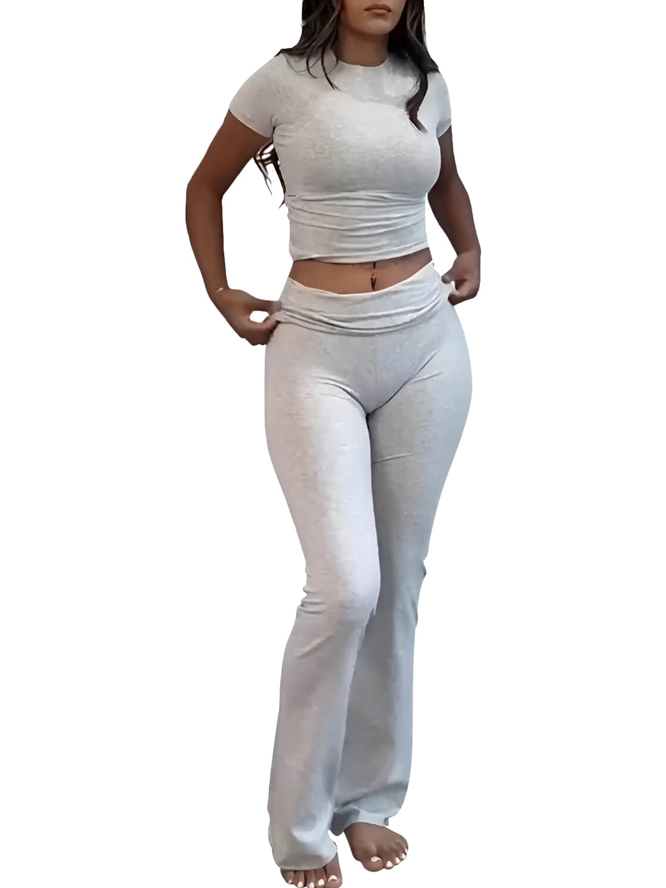 Casual Solid Color Slim Fit Two-piece Set, Short Sleeved Round Neck T-shirt And Tight Flared Sports Pants