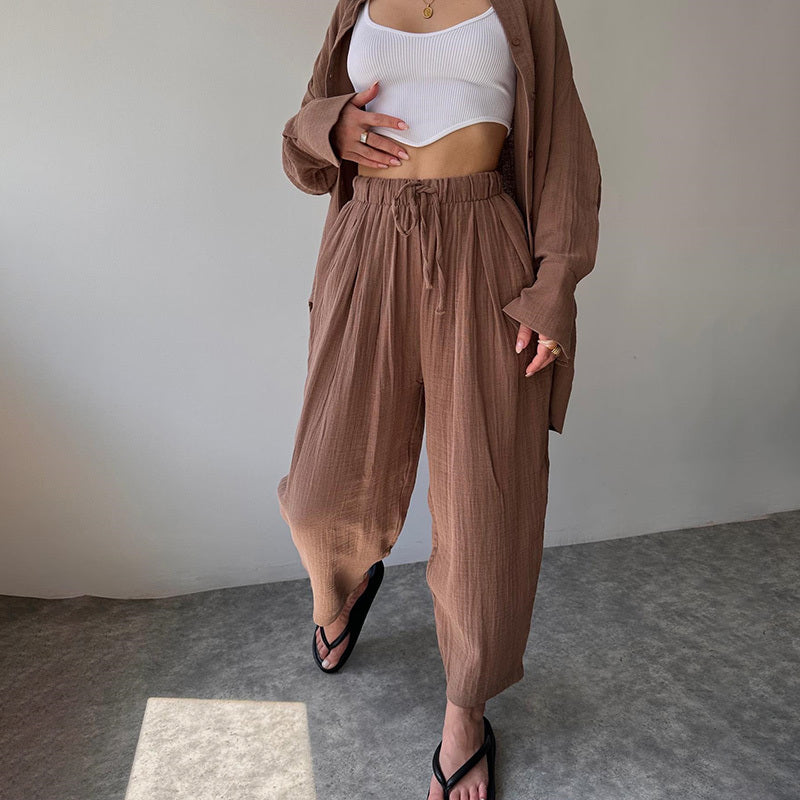 Women's Solid Color Lapel Collar Long Sleeve Shirt & High-Waist Pants Set - Casual Loose Fit