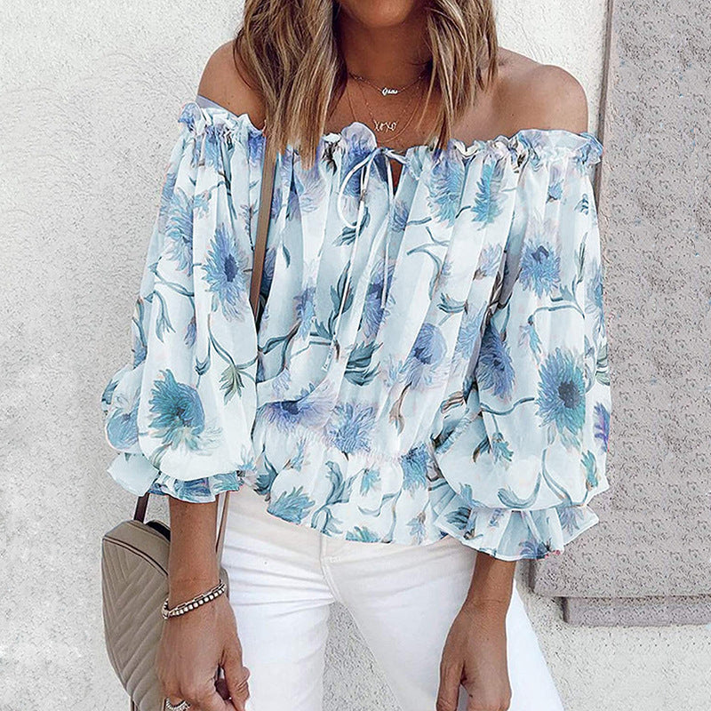 Womens Summer Off Shoulder Blouse Floral Print Ruffle Sleeve Casual Chiffon Tops Shirts