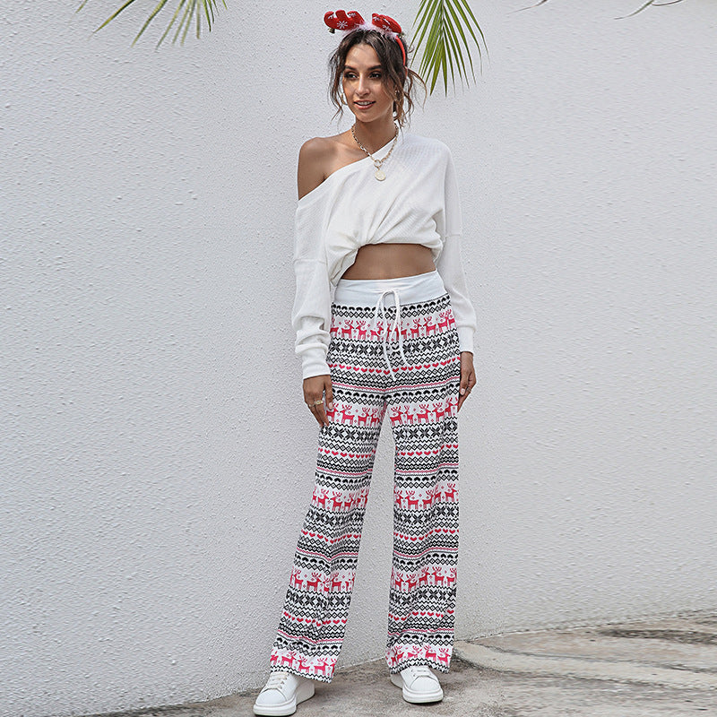 Christmas Pants Women Fashion Casual Drawstring Trousers With Snowflake Tree Elk Print