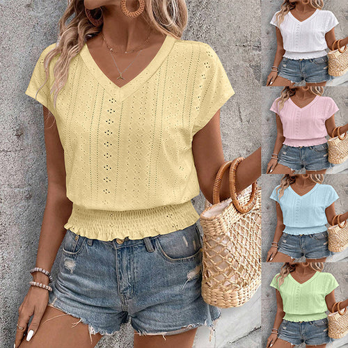 Women Summer Eyelet Top Casual V Neck Short Sleeve Smocked Shirts Loose Tunic Tops Blouses