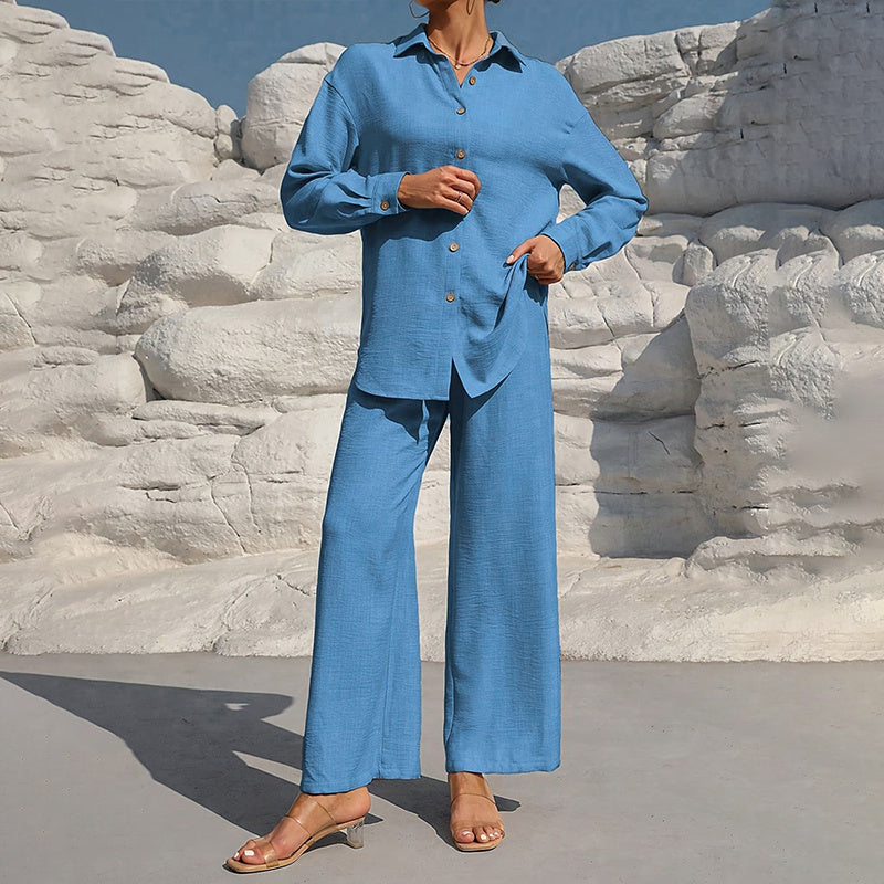 Women's Solid Color Lapel Long Sleeve Pants Set - Button-Up Casual Two-Piece Outfit With Drawstring Waist Lounge Wear