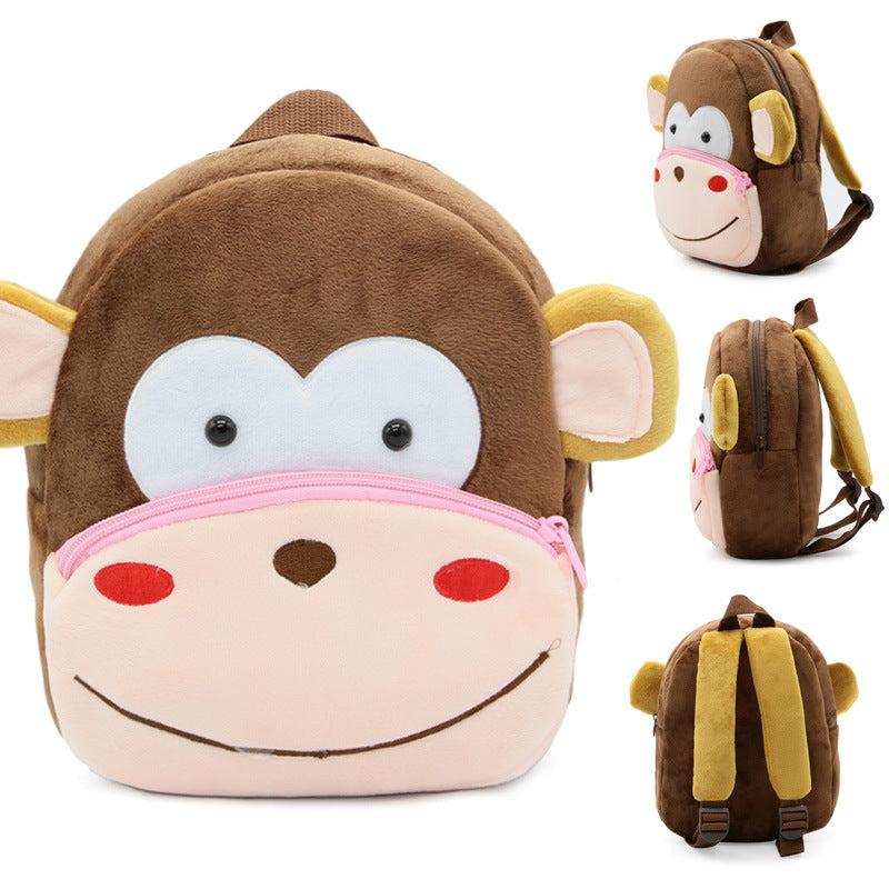 Brown monkey kids backpack with plush face, ears, and front zipper pocket
