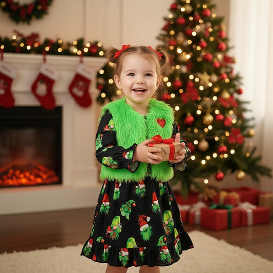 Toddler Kids Baby Girl Christmas Outfits, Long Sleeves Cartoon Prints Party Dress With Heart Print Vest Coat Set