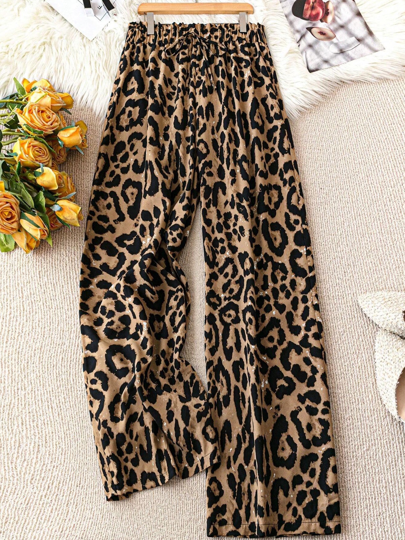 Women's Leopard Print Wide-Leg Pants - Summer Casual Vacation Style Elastic Waist Long Trousers