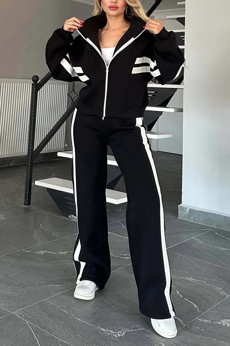 Striped Zip Top Jacket Casual Sports suit Women