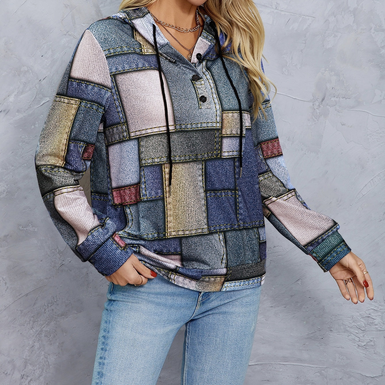 Women's Geometric Print Drawstring Fashionable Casual Hoodie Top