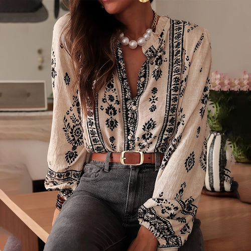 Women's Elegant Printed Blouse - Flowy Boho Shirt With Lantern Sleeves & Lace Trim, Vintage Ethnic Style Loose Top