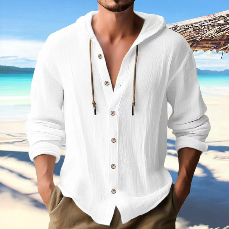 White hooded long-sleeve shirt with button front and drawstring