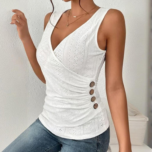 Women's V-Neck Sleeveless Rucked Tank Top Slim Fit Button Detail Casual Tee