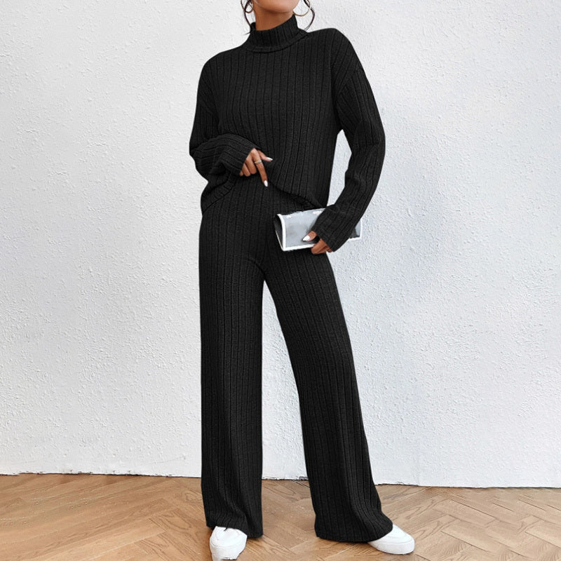 Women's Solid Color 2-Piece Set High Neck Long Sleeve Top & Pants, Striped Loungewear