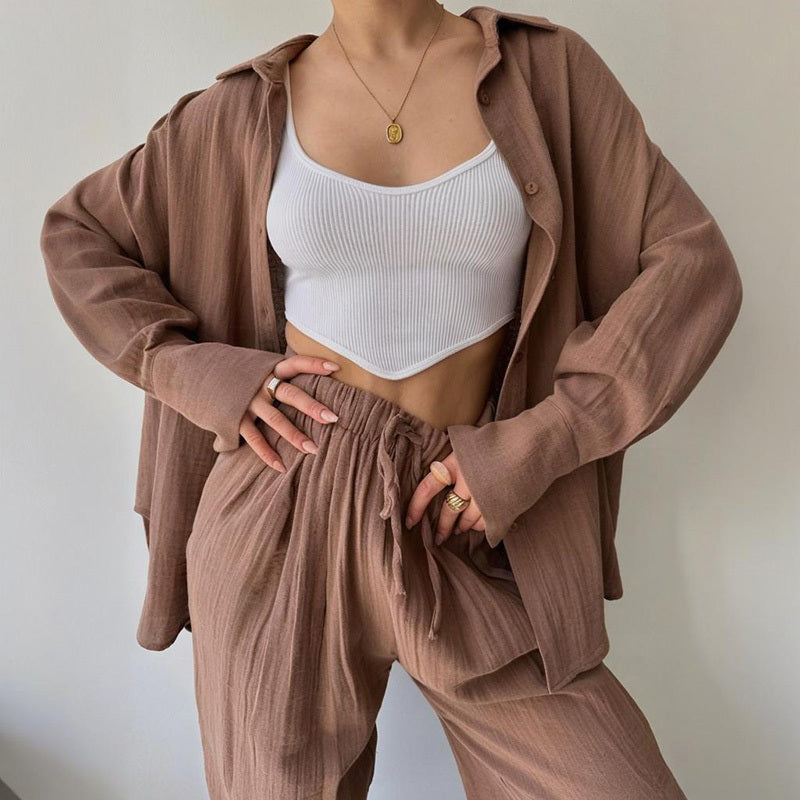 Women's Solid Color Lapel Collar Long Sleeve Shirt & High-Waist Pants Set - Casual Loose Fit