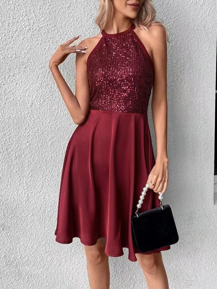 Summer  Sequin Stitching Sleeveless Slim Solid Color Dress