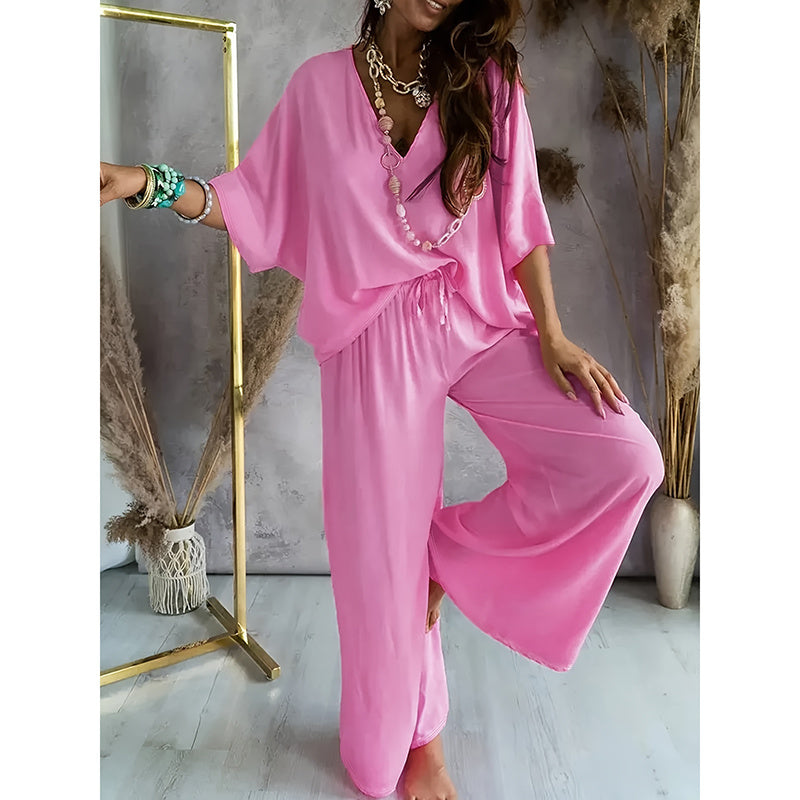 Pink V-neck short-sleeve top with drawstring waist and wide-leg pants lounge set