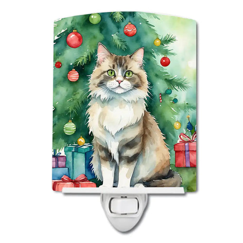 Ragamuffin Cat By the Christmas Tree Ceramic Night Light