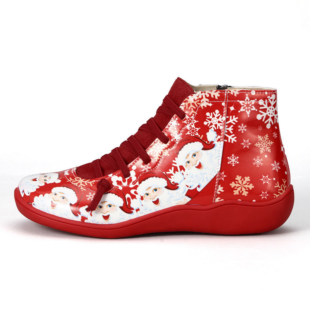 Christmas Ankle Women Santa Claus Snowflake Print Flats Shoes Casual Slip-on Side Zipper Design Short Boot