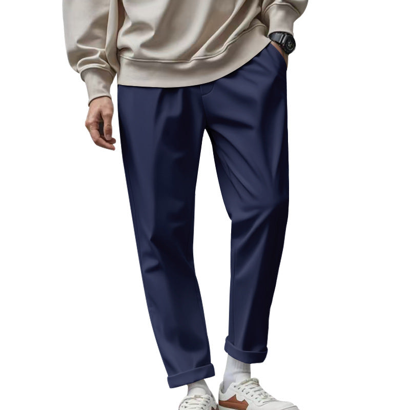 Men's drawstring-waist trousers, deep navy, tapered leg, cuffed ankle