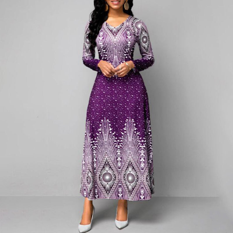 Women's Plus Size Elegant V-Neck Long Sleeve A-Line With Starry Sky Print, Slim-Fit Flowy Maxi Dress